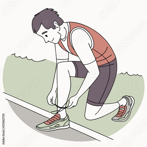 Man kneeling and tying his shoelaces on a running track preparing for a run on a sunny day outside