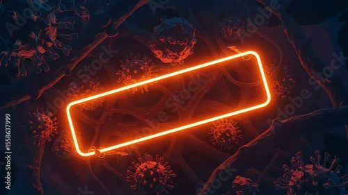 A vibrant neon rectangular frame illuminates a dark, abstract background filled with intricate virus-like structures, suggesting a modern digital or scientific theme
