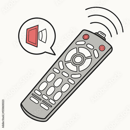Illustration of a gray remote control with red buttons emitting sound waves and a speech bubble icon