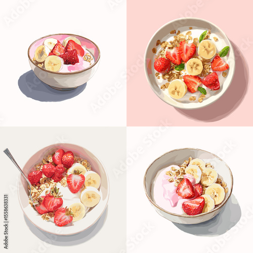 Fresh yogurt bowl with sliced strawberries, bananas, and granola. Perfect for healthy food illustrations, breakfast themes, or menu design.

