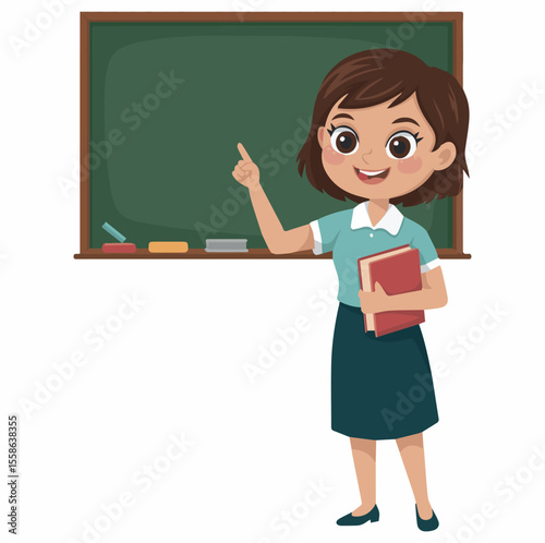 Teacher cartoon teaching lesson at blackboard in classroom vector illustration