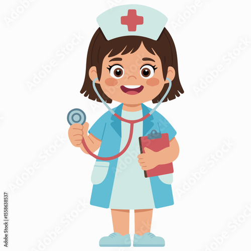 Illustration of a cute cartoon nurse with stethoscope and clipboard for kids art
