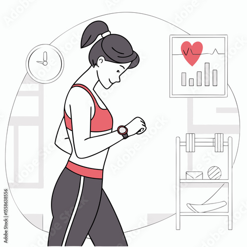 Woman in sportswear checks smartwatch with fitness equipment and heart rate monitor in background indoors