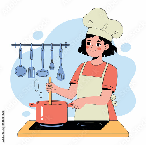 Illustration of woman cooking food in kitchen with pot and utensils for recipe idea