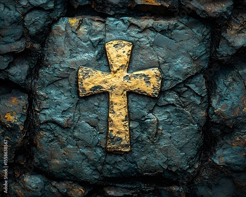 A golden cross carved into an ancient stone tablet weathered by time