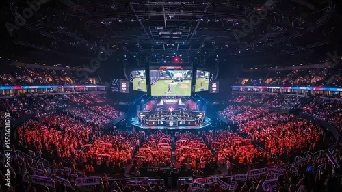 Exciting esports tournament in a packed arena, featuring intense gameplay on large screens, with a vibrant crowd immersed in the competitive atmosphere