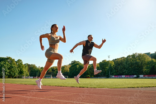 Billede på lærred Running workout on outdoor track, young fit couple sprinting together