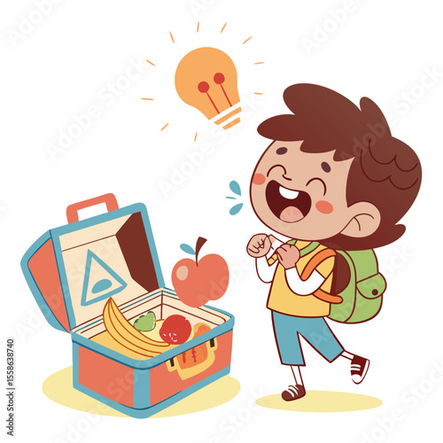 A happy boy with a backpack next to an open lunchbox with fruit and a lightbulb above the lunchbox