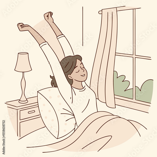 Illustration of a woman stretching in bed next to a nightstand and lamp with a window and curtains