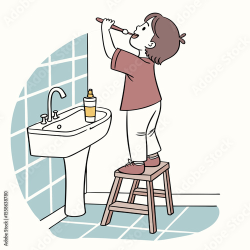 A young child brushing their teeth while standing on a stool in front of a sink in a bathroom setting