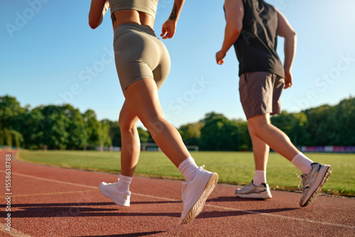 Couple jogging on sunny track, active outdoor morning workout