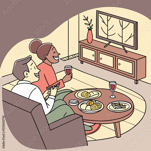 Illustration of a couple relaxing at home watching tv with food and wine on a coffee table nearby