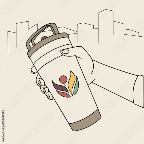 Hand holding a reusable water bottle with a colorful leaf logo against a cityscape background view
