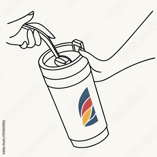 Illustration of a hand opening a white tumbler with a colorful logo using a spoon, another hand holding it