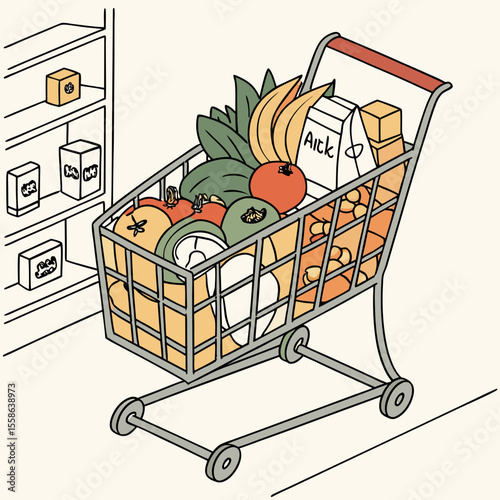 A shopping cart filled with various fruits and groceries next to a shelf stocked with boxed items inside