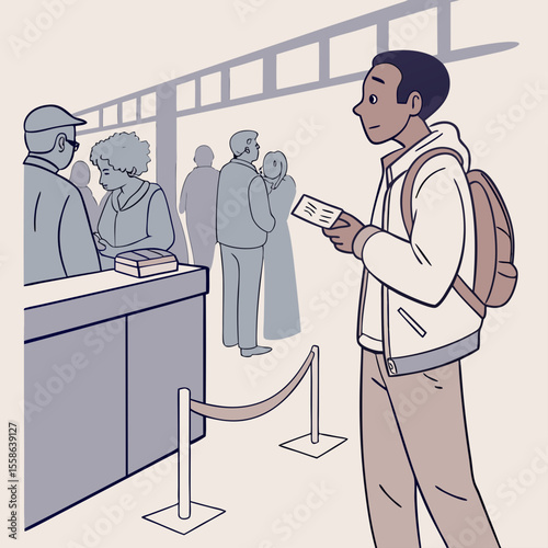 A man with a backpack holding tickets stands in line at a counter with other people waiting behind him