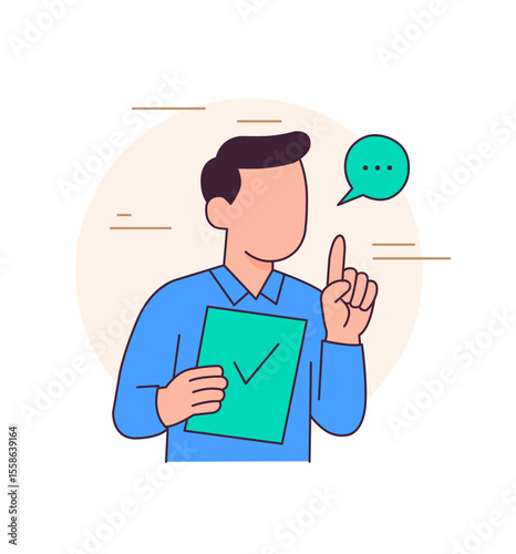 Man holding checklist and pointing up. Minimal flat illustration of communication and confirmation.