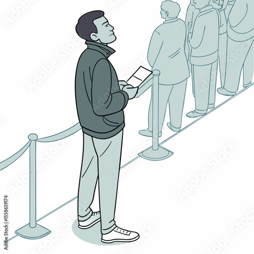 A man in queue holding a ticket while looking up with other people waiting in line behind him indoors