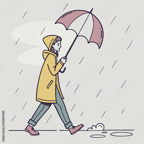 A person in a yellow raincoat walking with an umbrella in the rain with puddles on the ground outside