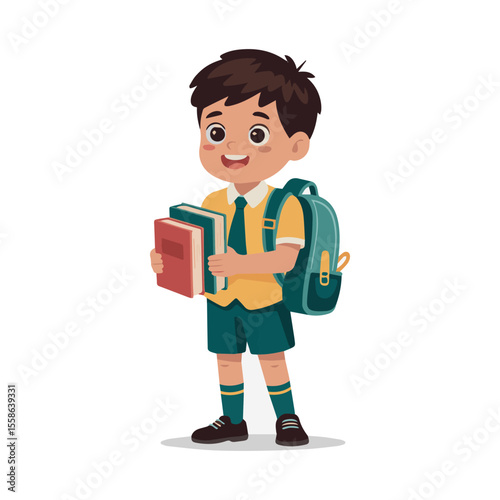 Illustration of school boy with books and backpack ready for school learning