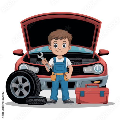 Cartoon car mechanic with wrench repairing vehicle engine auto service station