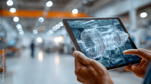 Digital Technology in Manufacturing with Worker Using Tablet for 3D Model Visualization of Mechanical Component