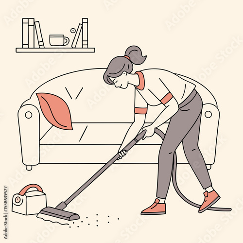 Woman is vacuuming the floor in a living room with a sofa and a shelf with books and a cup on it near her