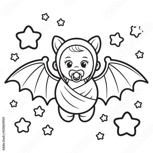 Swaddled Baby Dressed as a Bat Surrounded by Stars – Adorable Halloween Baby Line Art for Coloring Page

