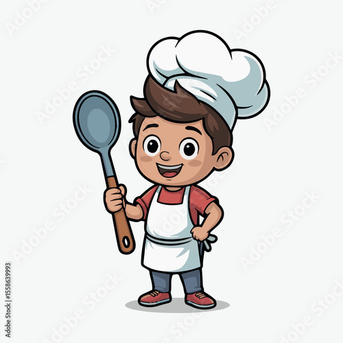 Illustration of a young boy chef holding a spoon for cooking and baking food