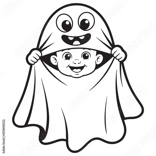  Happy Baby Dressed as Ghost with Cute Monster Face Halloween Line Art Coloring Page
