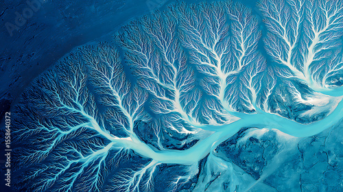 Aerial View of Water Flow Patterns in Natural Landscape with Blue and White Color Contrast and Intricate Design