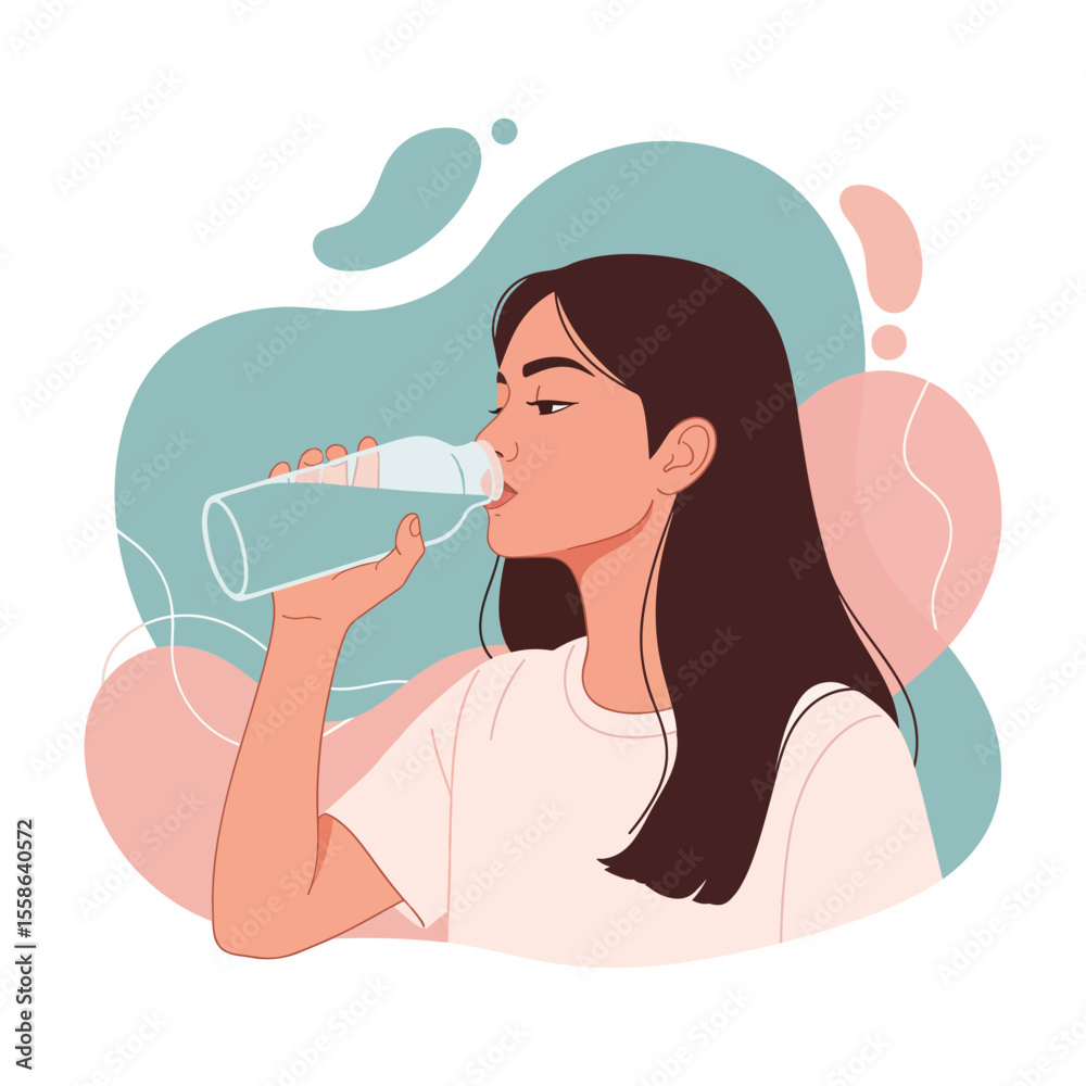 Young woman drinking water from a bottle against abstract background illustration Young woman drinking water from a bottle against abstract background illustration
