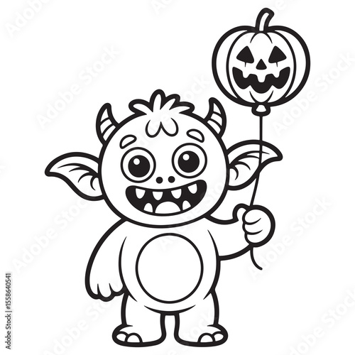 Monster Kid Holding Pumpkin Balloon Halloween Line Art Coloring Page