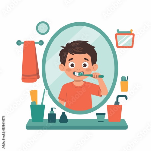 Illustration of boy brushing teeth in bathroom for dental hygiene and health care