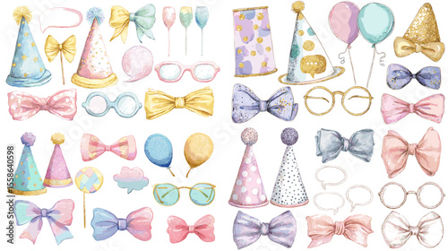 Colorful watercolor party accessories including hats, glasses, bows, and balloons. Perfect for birthday decorations and festive celebration designs.


