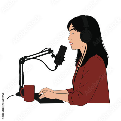 Asian woman recording a podcast with a microphone and headphones illustration