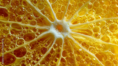 Close-Up View of a Freshly Cut Orange Slice with Bubbles and Juicy Pulp Texture in Vibrant Yellow Color