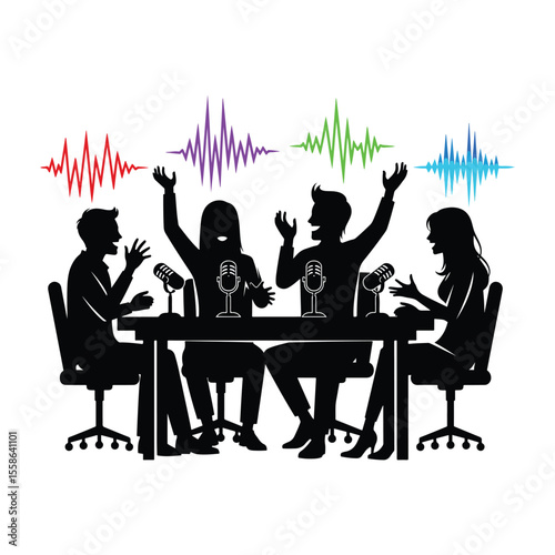 Podcast recording session silhouette with microphones and sound waves graphic illustration