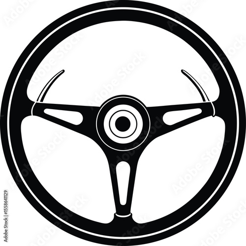 steering wheel icon, black white symbol, simple vector illustration