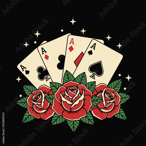 Vintage tattoo style aces playing cards with red roses illustration on black background
