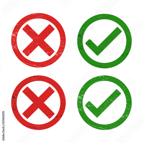 Free Download Grunge-style green check and red cross icons perfect for apps, websites, infographics, UI feedback, and approval or reject messages. - GFXLoad
