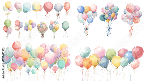 Pastel watercolor balloons in floating bunches and arrangements. Ideal for birthday, baby shower, or celebration designs with soft festive vibes.

