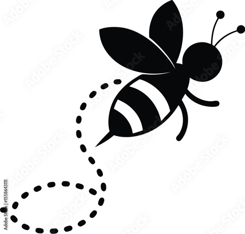 bee flying icon, dotted flight path, hand drawn vector