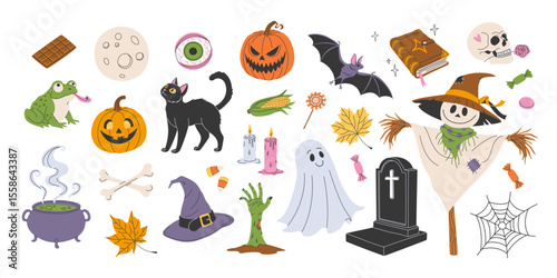Happy Halloween set of isolated design elements. Hand drawn spooky and cute clipart bundle on white. Witch hat, scarecrow, zombie hand, pumpkin, bat, ghost, scull, black cat, cauldron with potion.