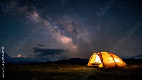 High-quality photo of tent is lit up on the field with a beautiful night sky and stars above.