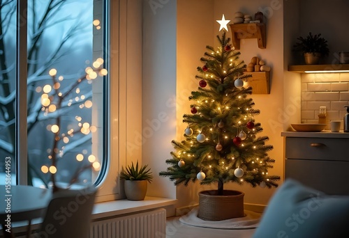 A modern Scandinavian kitchen featuring a brightly lit Christmas tree adorned with wooden ornaments, set against a backdrop of white tiles and natural wood accents, during a snowy evening.