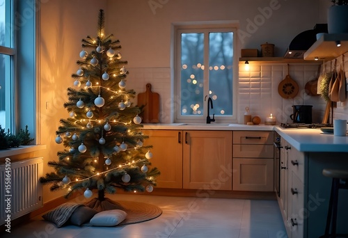 A modern Scandinavian kitchen featuring a brightly lit Christmas tree adorned with wooden ornaments, set against a backdrop of white tiles and natural wood accents, during a snowy evening.