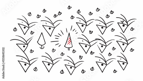 Hand-drawn illustration; unique Christmas tree stands out among simplistic triangular shapes; playful, minimalist style; festive, quirky mood.