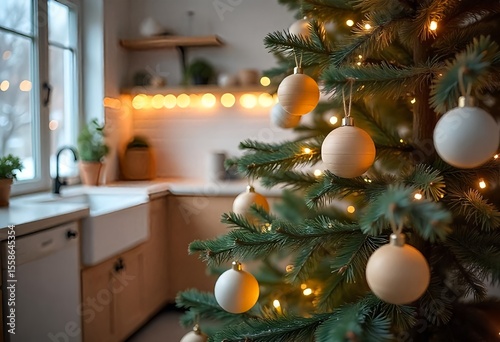 A modern Scandinavian kitchen featuring a brightly lit Christmas tree adorned with wooden ornaments, set against a backdrop of white tiles and natural wood accents, during a snowy evening.
