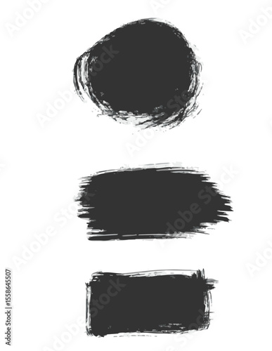 Black ink brush strokes set. Various shapes grunge rectangles circles irregular forms. Rough paint edges textured surfaces uneven patterns bold smears. Dynamic lines messy smudges sharp raw details

